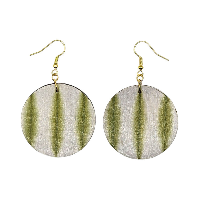 BO Rondes 4cm - Stries verticales vertes sur fond blanc, avec une face peinte